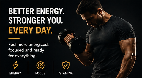 Man training with dumbbell and text about better energy and stronger daily performance