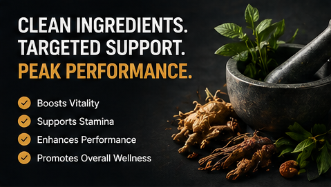 Natural roots and herbal ingredients in a mortar for targeted male performance support