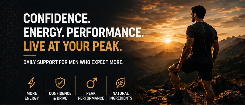 Peak Performance Vitality banner showing a man at sunrise with confidence, energy, performance, and natural ingredient icons